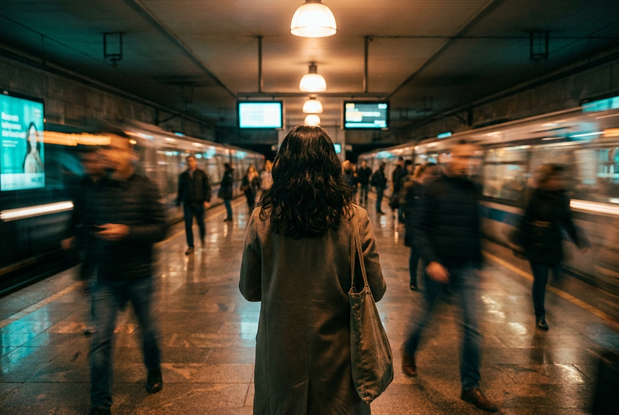 Woman standing still on a busy metro platform as commuters blur past